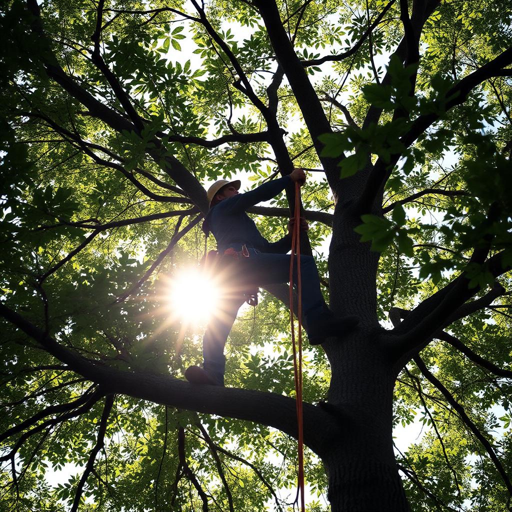 Arborist climbing high into a tree canopy